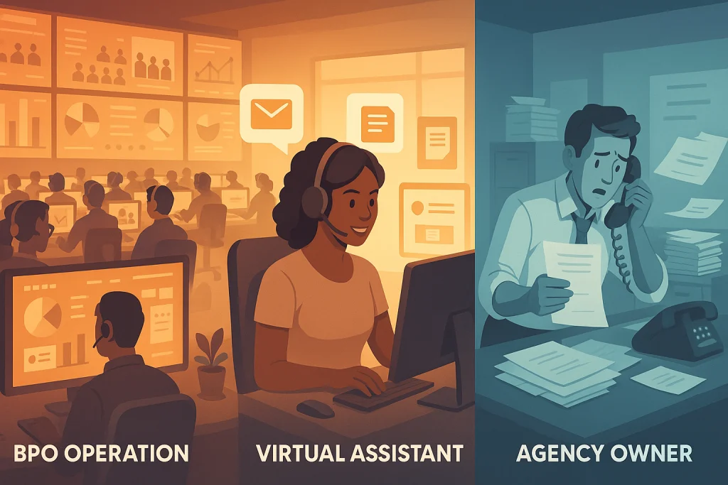 Comparison illustration of insurance BPO services, virtual assistants, and in-house work