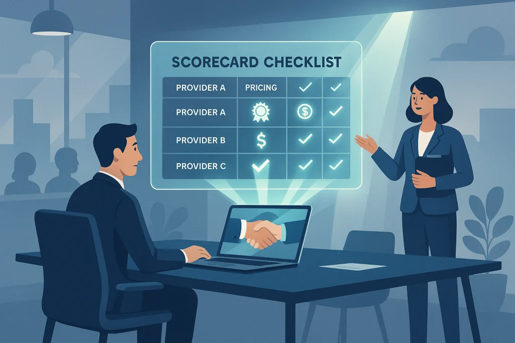 Insurance professionals evaluating providers to choose the right insurance BPO services partner