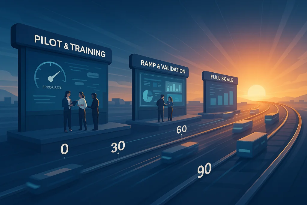 Milestone track displays the 30/60/90 rollout with Insurance BPO companies