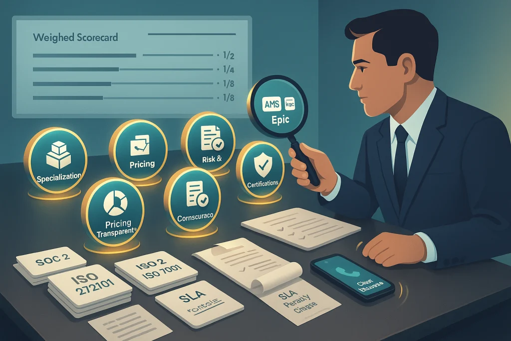 Scorecard evaluating six criteria to choose an insurance BPO provider