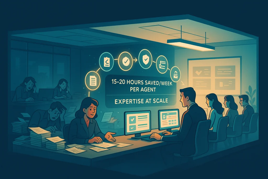Split-scene contrasts internal chaos with Insurance BPO companies delivering order