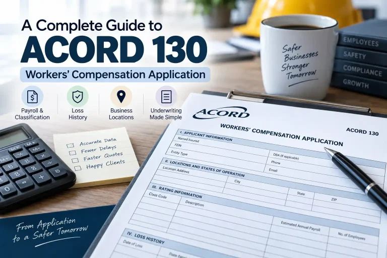 Acord 130 Workers Compensation Application form showing payroll, class codes, EMR, loss history, and business information