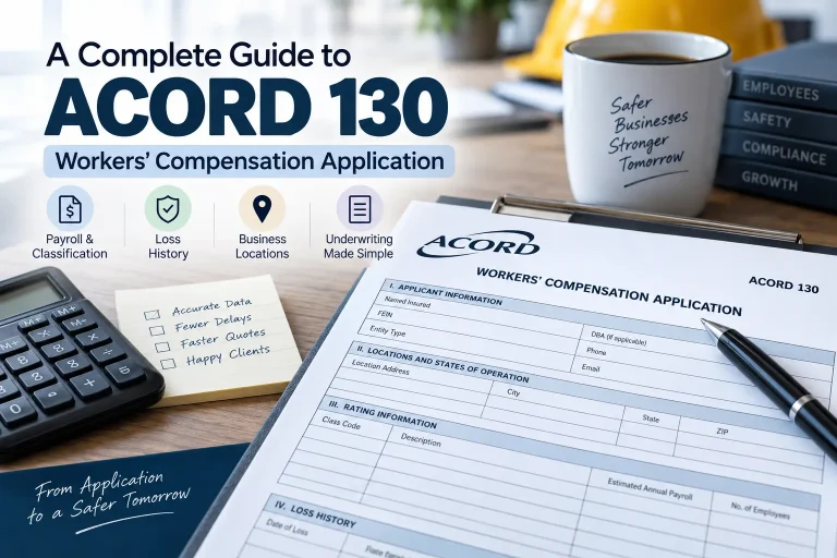 ACORD 130 workers’ compensation application form with payroll, loss history, and business location details