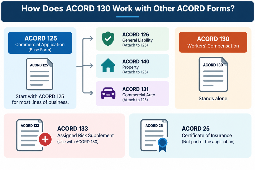 ACORD 130 Workers’ Compensation form compared with ACORD 125, ACORD 133, and ACORD 25