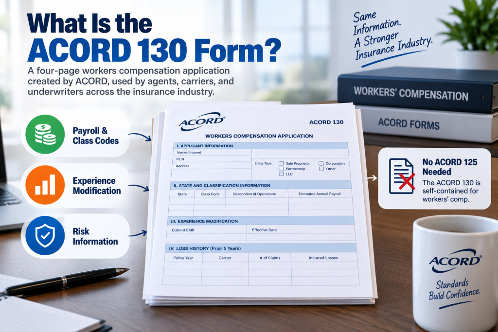 ACORD 130 workers compensation application form with payroll, class codes, experience modification, and risk information