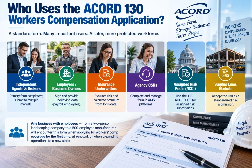 ACORD 130 Workers Compensation Application used by agents, brokers, employers, underwriters, agency CSRs, and risk pools
