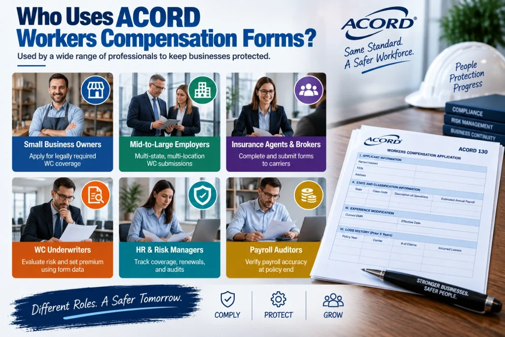 ACORD Workers Compensation forms used by small business owners, employers, insurance agents, underwriters, HR managers, and payroll auditors