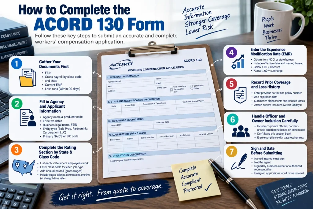 How to complete the ACORD 130 form for a workers compensation application