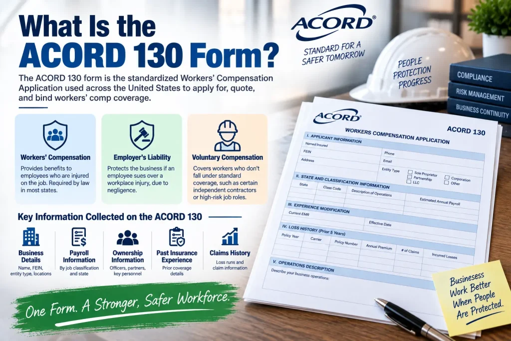What is the ACORD 130 form for workers compensation insurance and what information does it collect